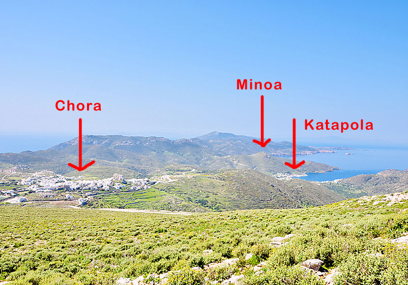 Chora, Minoa and Katapola seen from Profitis Ilias on Amorgos.