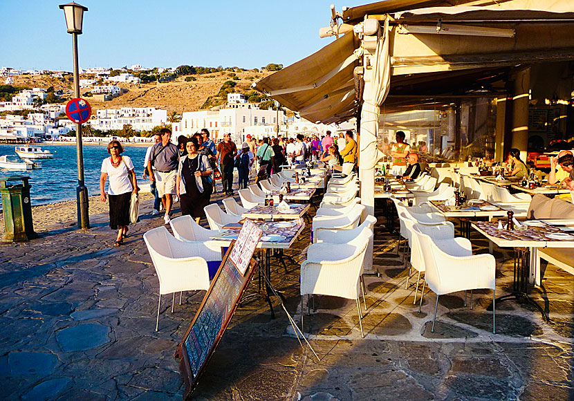 Restaurants, tavernas and bars along the harbour promenade in Mykonos town.