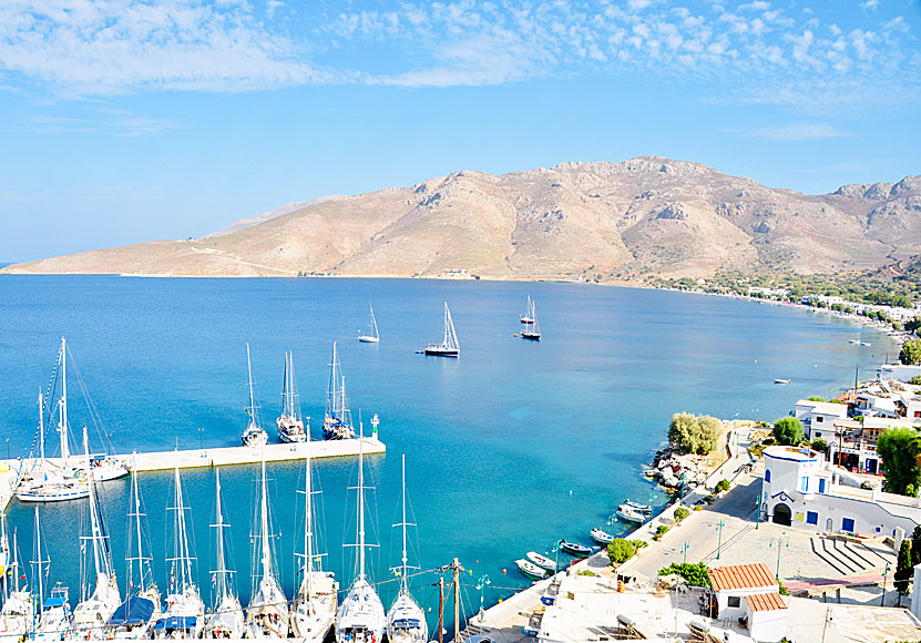 The port and beach of Livadia on Tilos in Greece.