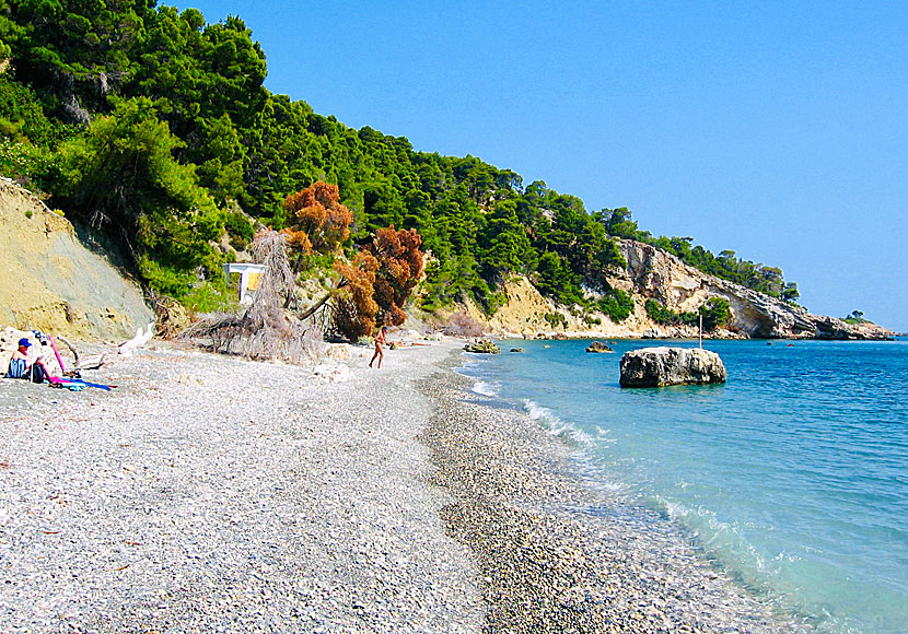 Vythisma beach south of Chora is the official nudist beach of Alonissos.