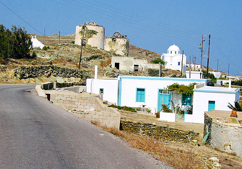 Windmills and churches in Ano Meria on Folegandros.