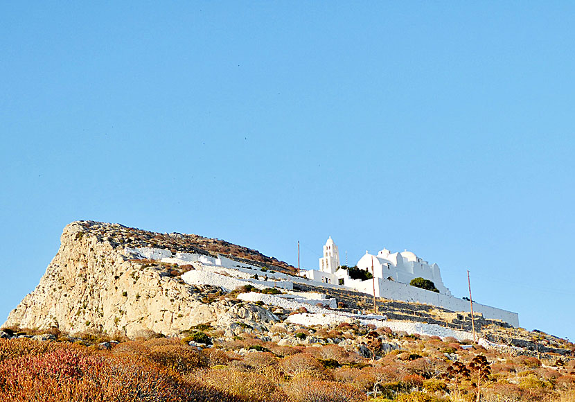 It takes about fifteen minutes to walk up to the Church of Panagia from Pounda Square in Chora on Folegandros in the Cyclades.