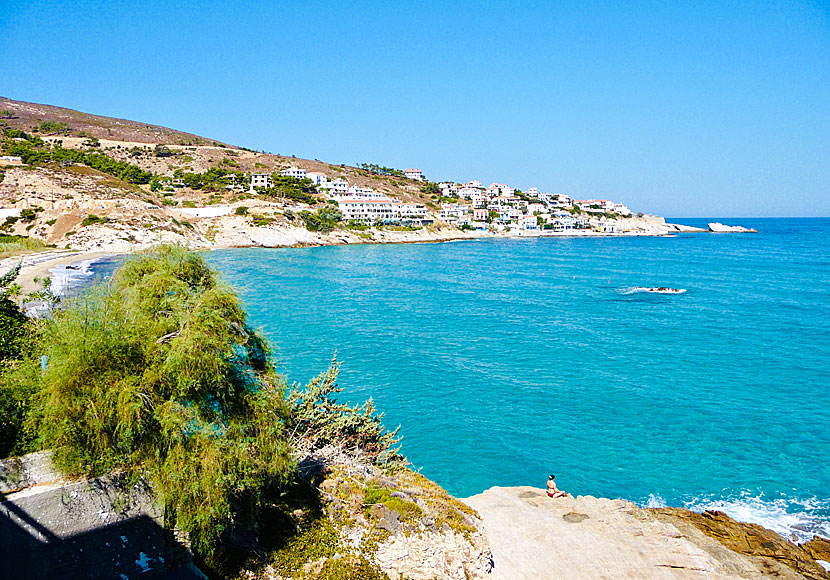 Armenistis and Livadi beach seen from Valeta studios on the island of Ikaria in Greece.