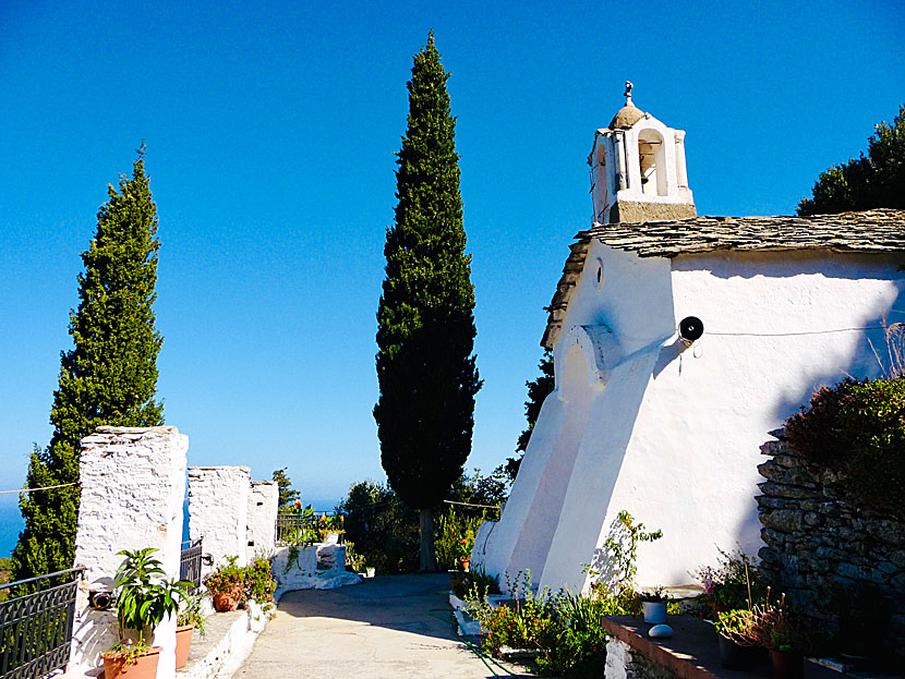 The peaceful monastery courtyard of Theoktistis Monastery on Ikaria.