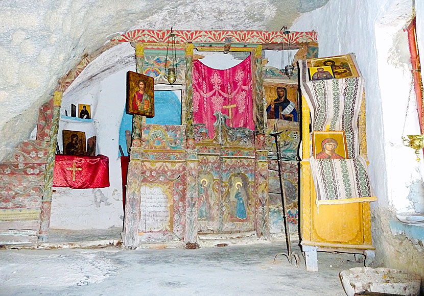 Altars, holy icons and frescoes in the monastery of Theoktistis on Ikaria.