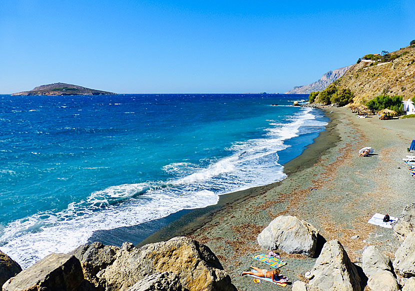 Platys Gialos beach and the island of Agios Kyriaki on Kalymnos in Greece.