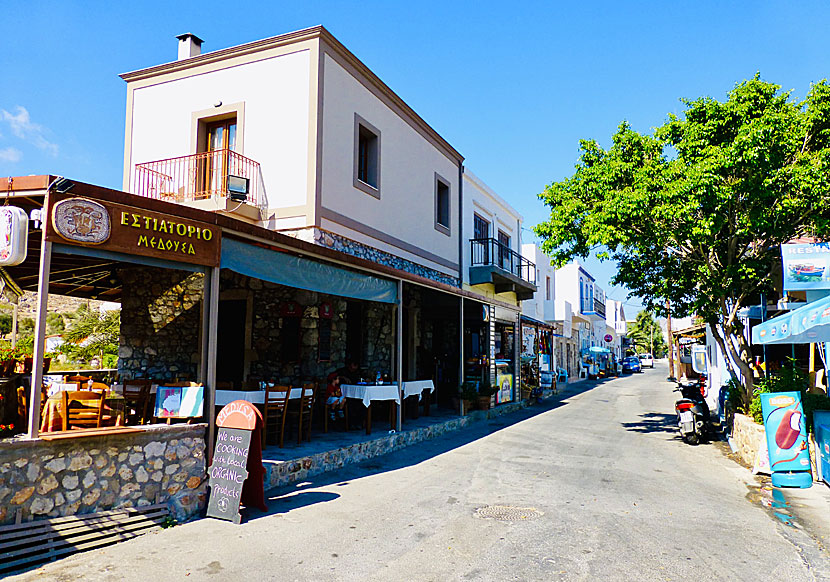 The main street in Rina on Kalymnos is lined with restaurants, shops and cafes.