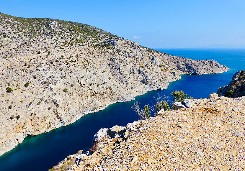The fjord that leads into the village of Rina and the Vathy valley on Kalymnos in Greece.