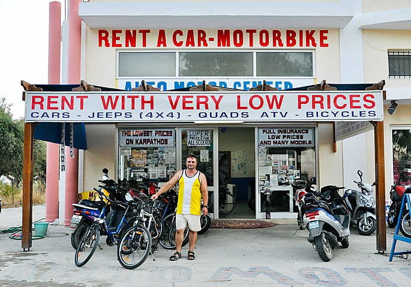 At Auto Moto Center in Pigadia you can rent cars, mopeds, quad bikes and bicycles.