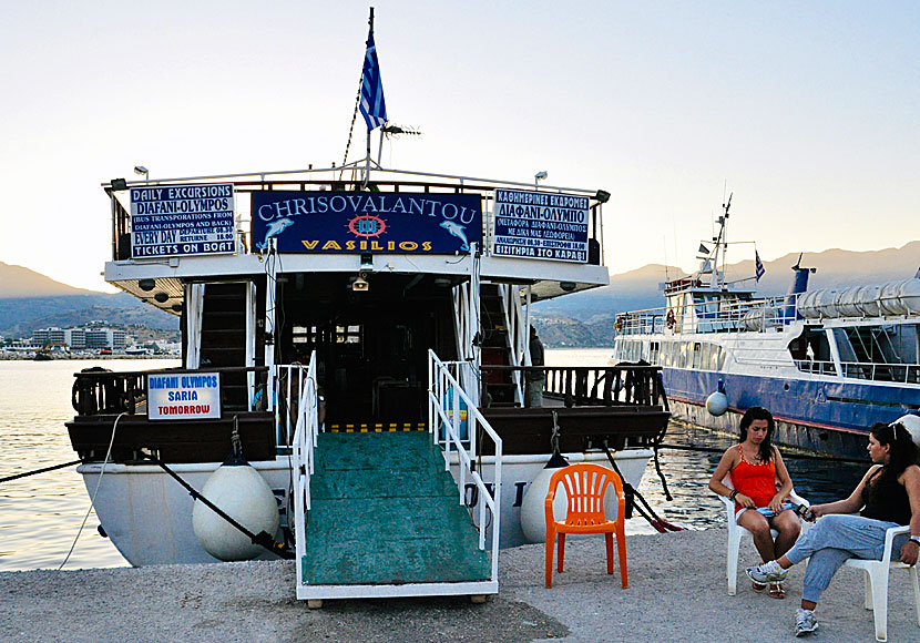 The excursion boat Chrisovaladou makes day trips to Diafani and Olympos every morning.