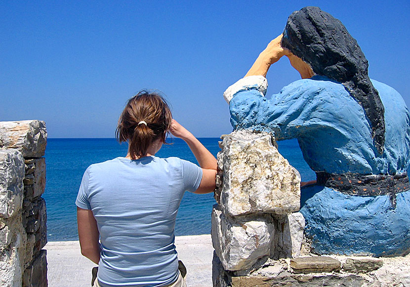 The statue of the sad old fishing woman in the port of Diafani on Karpathos.