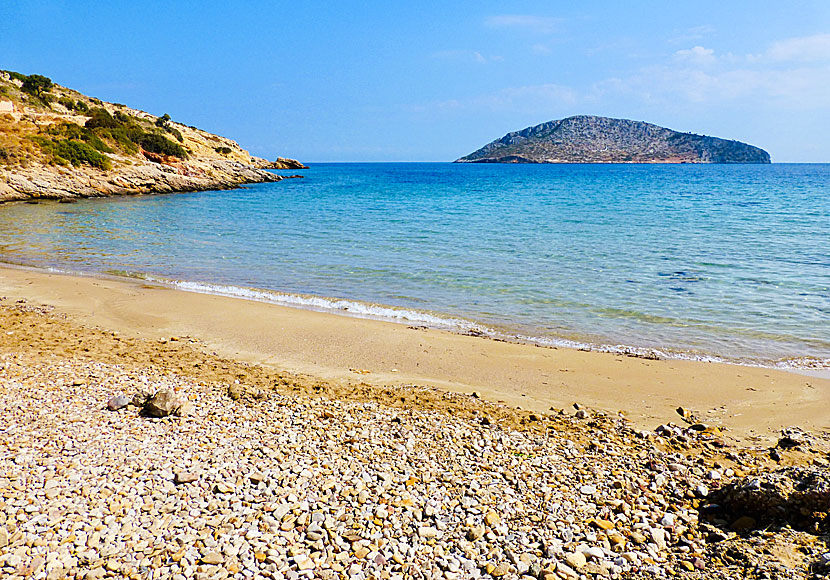 Agia Kioura beach and the island of Strongyli on Leros in the Dodecanese.