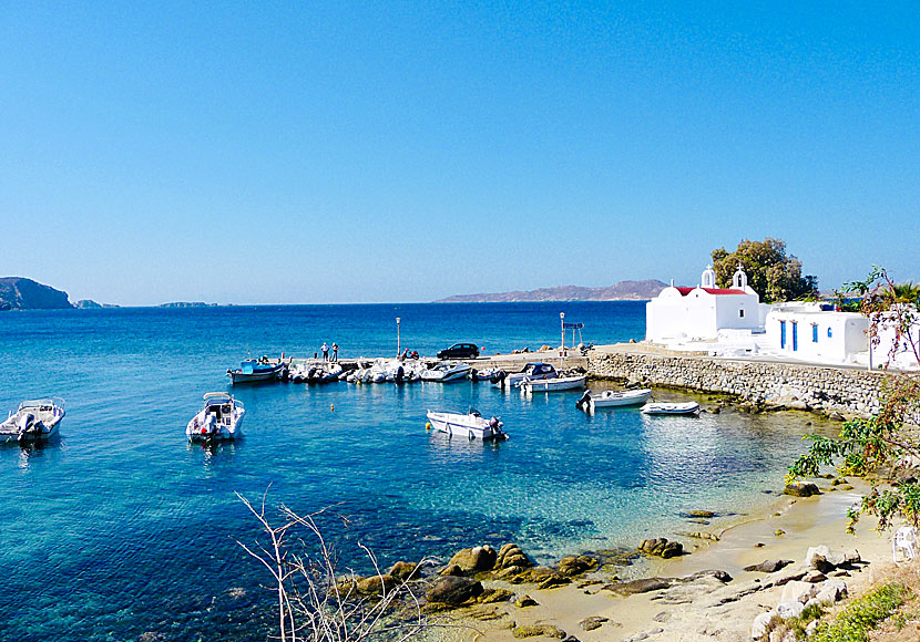The small port and church at Agios Ioannis beach in Mykonos.