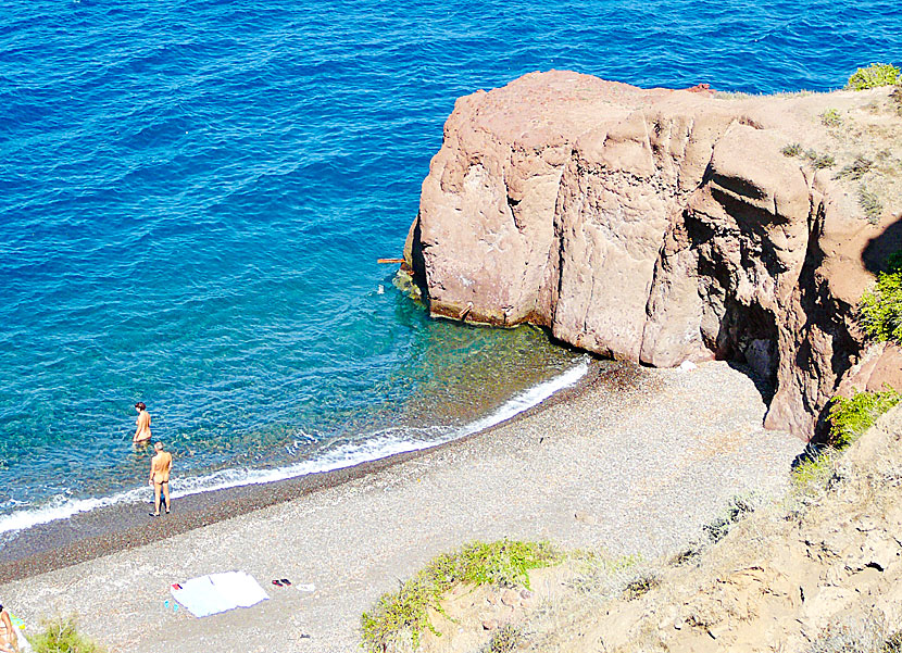Caldera beach is one of the few beaches on Santorini where nudism is allowed.