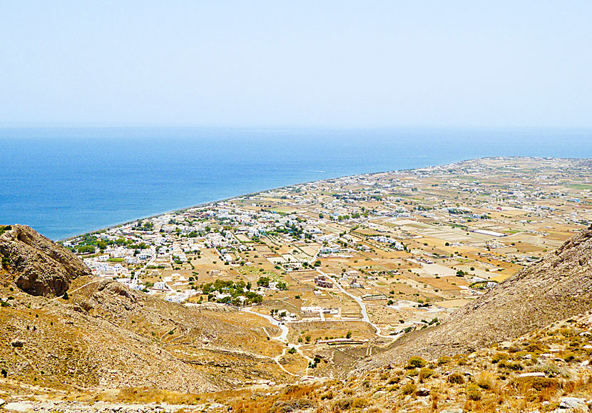 View of Perissa and Perivolos beach from Ancient Thira on Santorini.