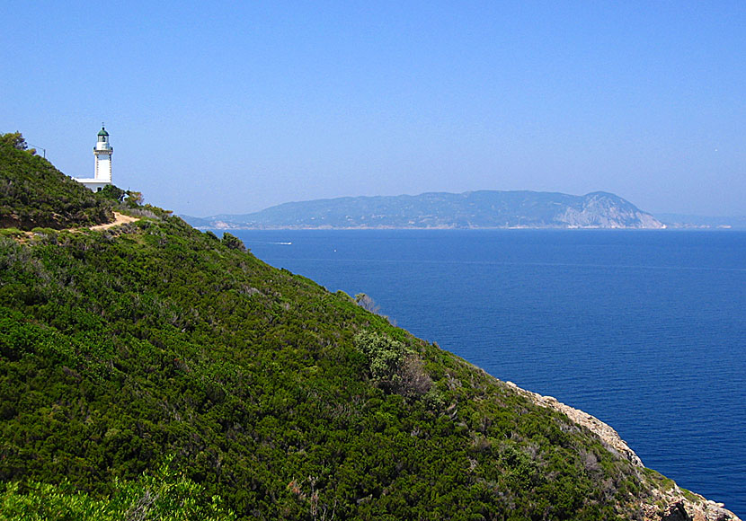 The lighthouse at Cape Gourouni is 35 kilometers from Skopelos town, and 9 kilometers from Glossa.