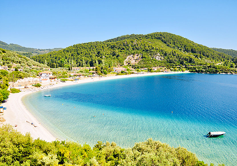 The beach and village in Panormos on Skopelos in Greece.
