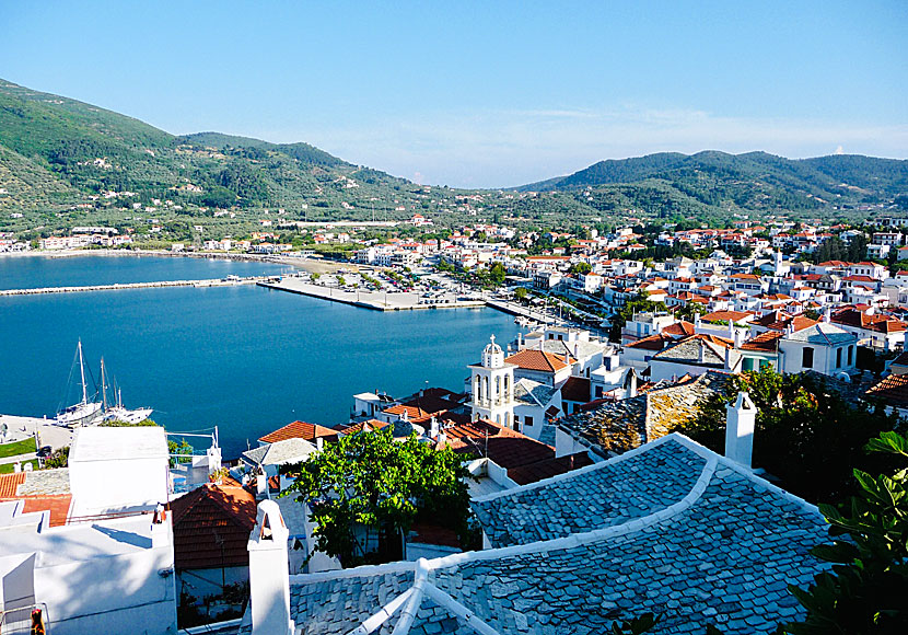 View of beautiful Skopelos town on Skopelos.
