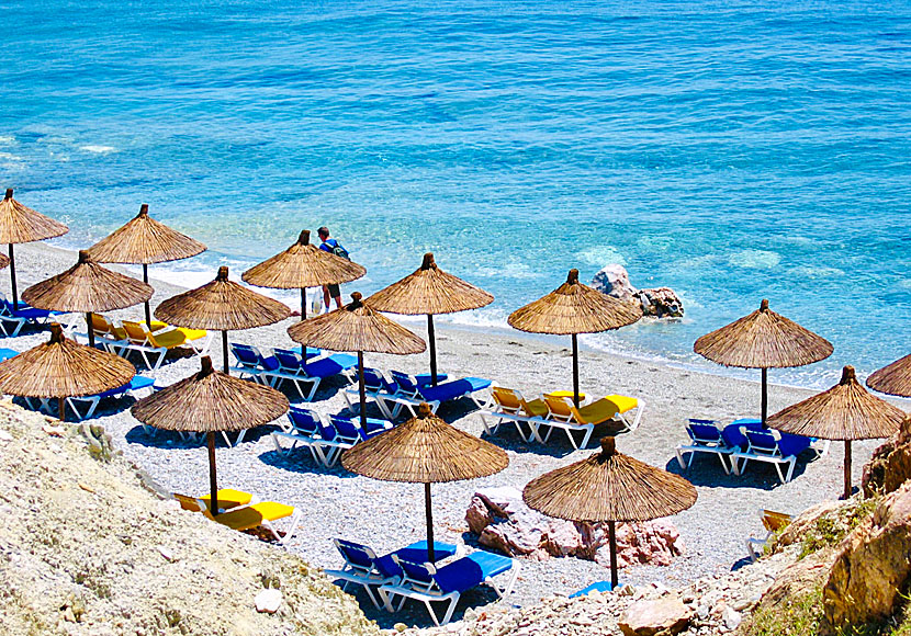 Sunbeds and parasols are available for rent at Velanio beach during high season.