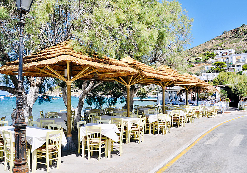 Tavernas and restaurants along the beach promenade in Kini on Syros.