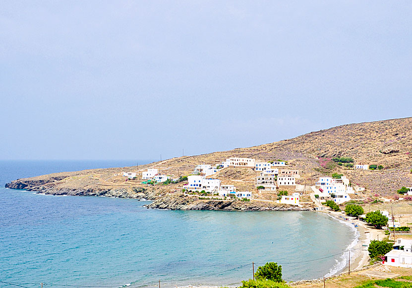 Hotels and tavernas at Giannaki beach on Tinos in the Cyclades.