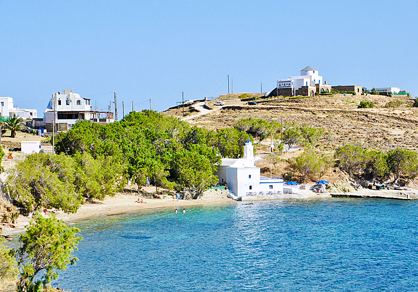 The church and the beach Stavros which you pass on the road to Kionia in Tinos.