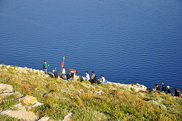 Dragged themselves from the monastery up the mountain.
