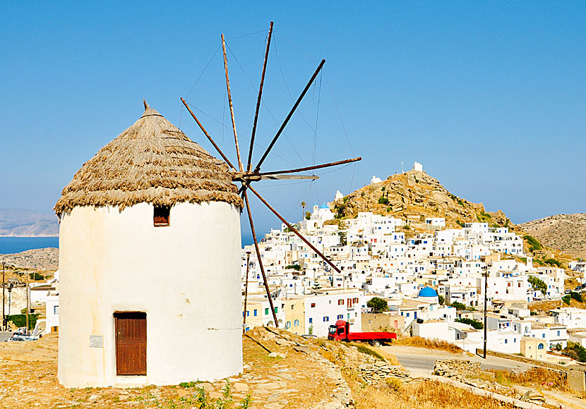 Windmills in Chora on the island of Ios in Greece.