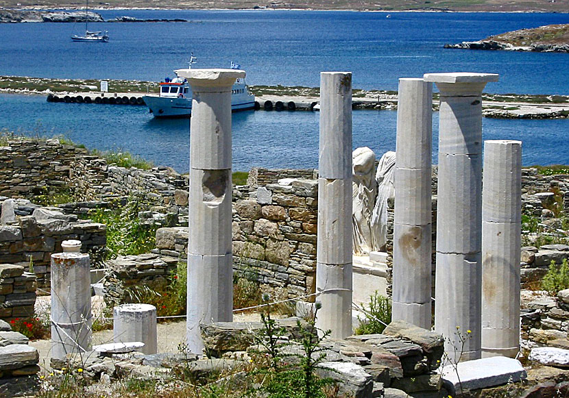 Ancient temples and statues near the port of Delos in the Cyclades.