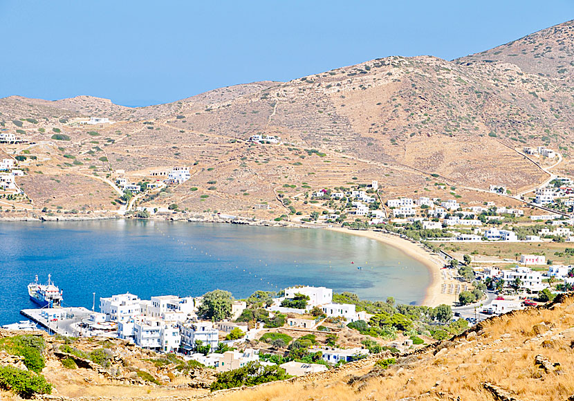 The port of Ormos and the sandy beach of Gialos on the island of Ios in Greece.