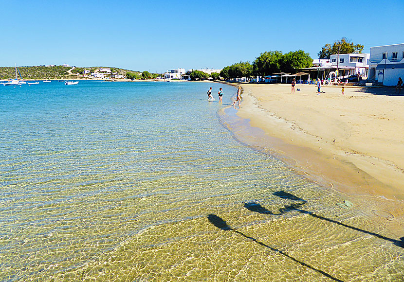 Tavernas, restaurants, hotels and sandy beaches in Aliki on Paros in the Cyclades.