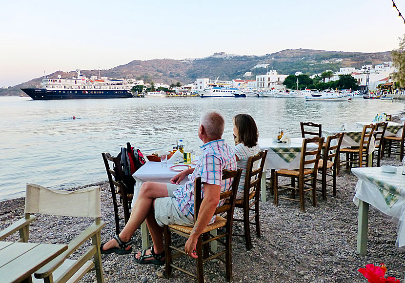 Tavernas and restaurants by the beach in Skala on Patmos in the Dodecanese Islands.