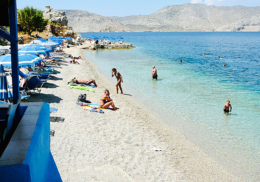 Nos beach is the closest beach to Gialos on Symi.