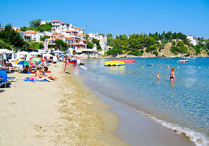 Megali Ammos is the beach closest to Skiathos town.