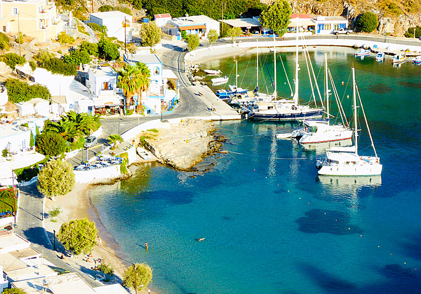 The beach, the port, the restaurants, the sailboats and the hotels on Agathonissi in Greece.