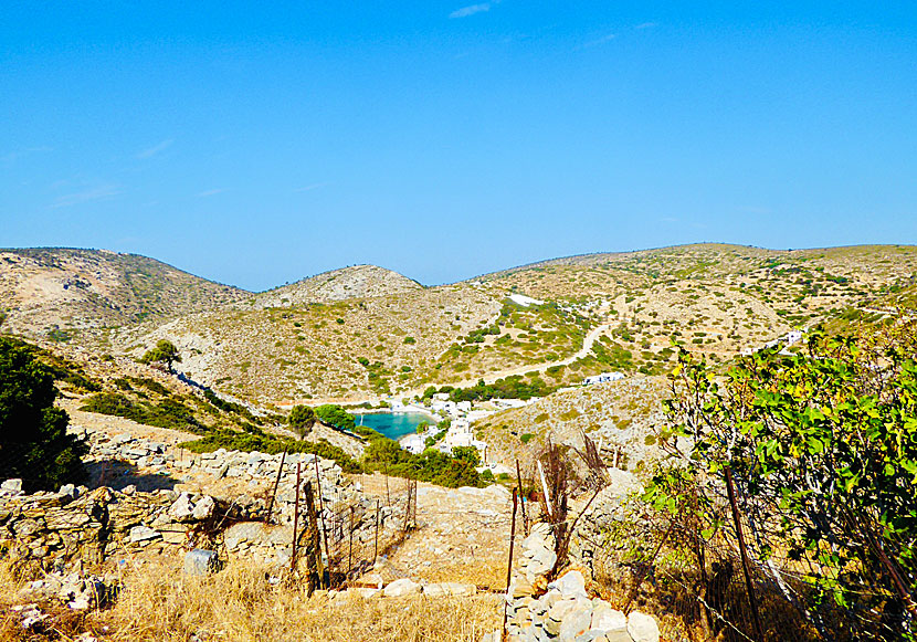 The port of Agios Georgios and the village of Mikro Chorio seen from the village of Megalo Chorio on Agathonissi in Greece.