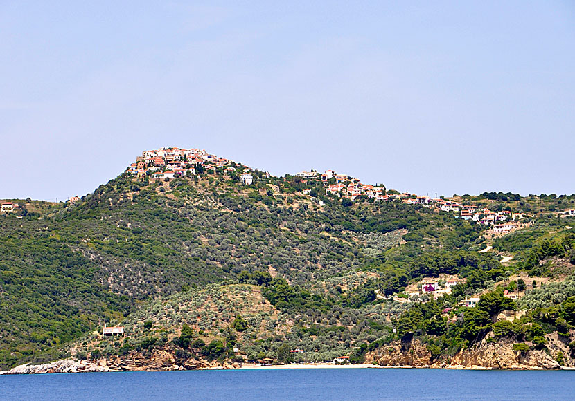 Chora and Megalos Mourtias beach on Alonissos in the Sporades.