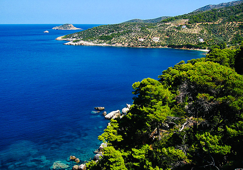 Megali Ammos beach and the church of Agioi Anargiri on northwestern Alonissos in the Sporades.