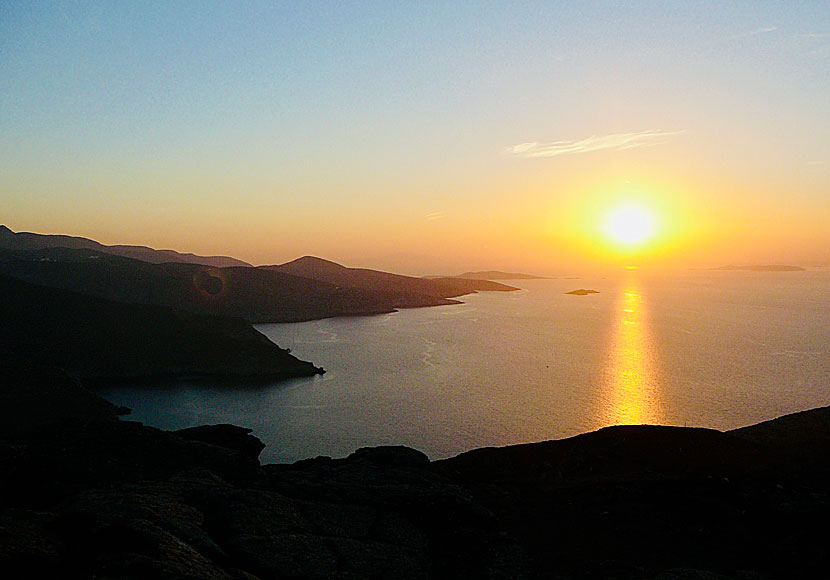 The sunset seen from Minoa above Katapola on Amorgos in the Cyclades.