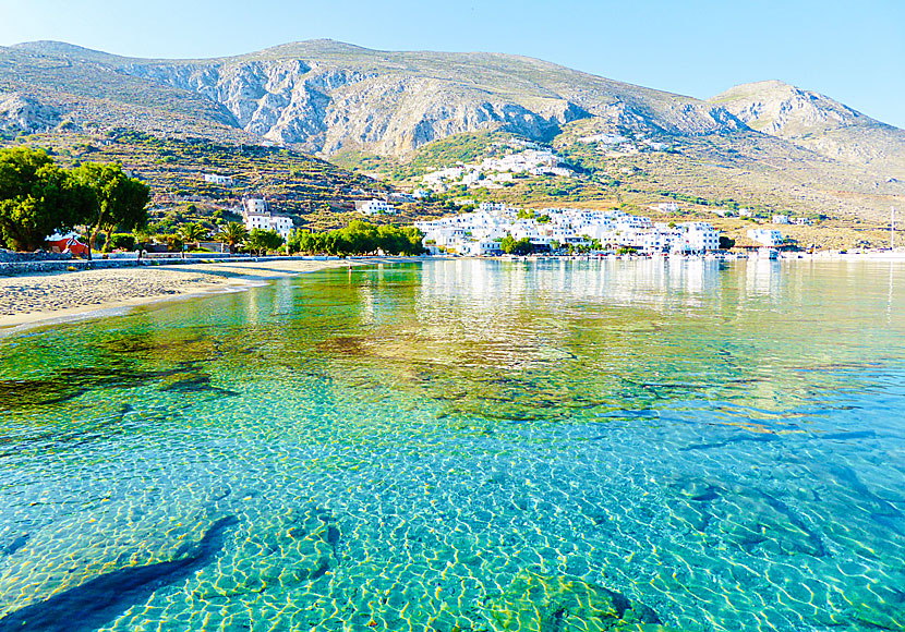 The villages of Kato Potamos and Ano Potamos above Aegiali on northern Amorgos in Greece.