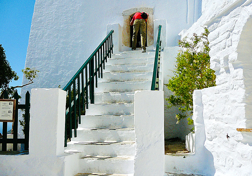 The narrow entrance to the monastery on Amorgos in Greece.