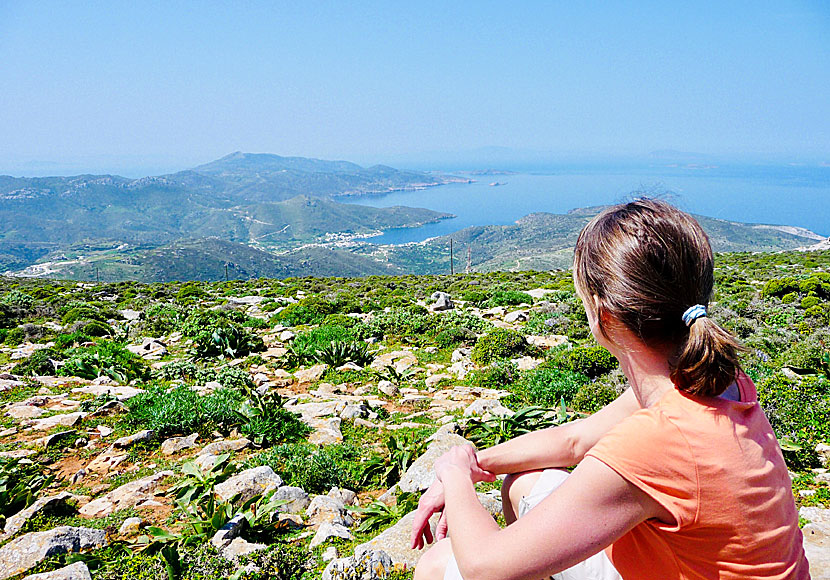 Chora and Katapola seen from the mountain and the church Profitis Ilias on Amorgos in Greece.