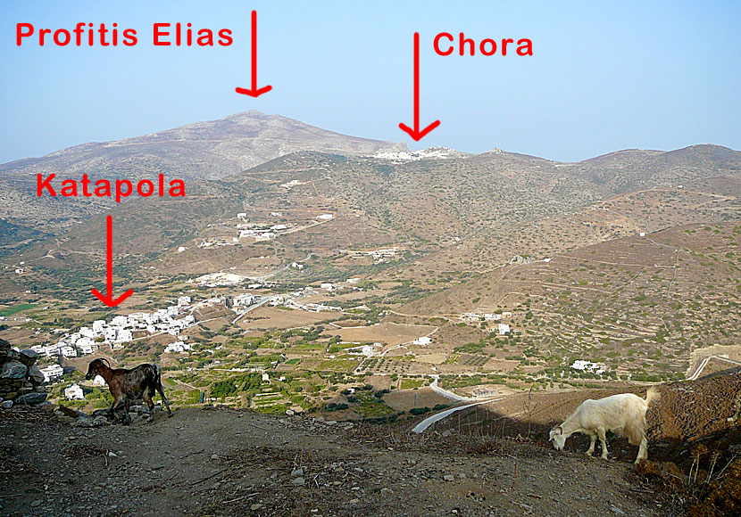 Profitis Ilias and Chora seen from Minoa above Katapola on Amorgos.