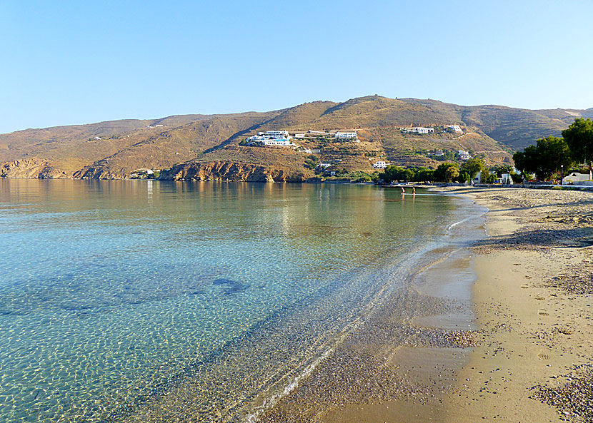 The sandy beach in Agiali in one direction an early morning in June.