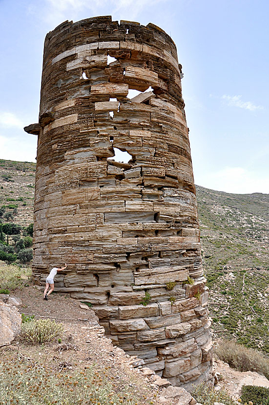 The twenty meter high Agios Petros tower on Andros in Greece.