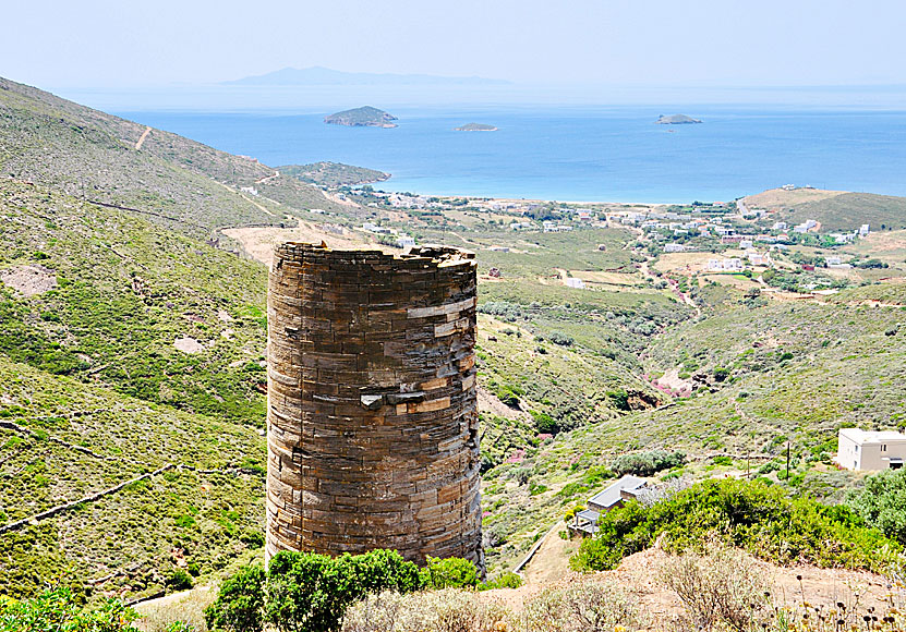 The fine sandy beach Agios Petros beach seen from Agios Petros tower on the island of Andros in the Cyclades.