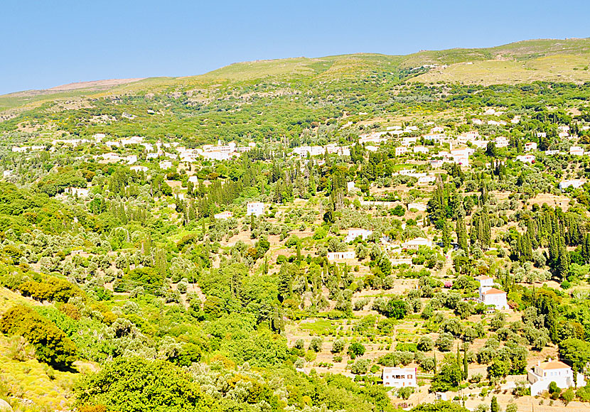 The village of Apoikia on Andros from where the path to Pithara Waterfalls begins.