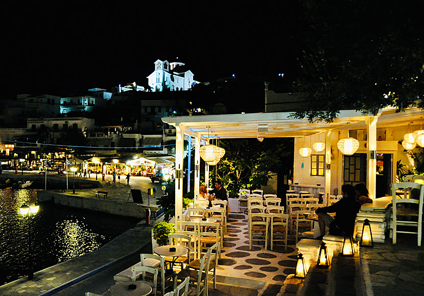 Agios Filippos church in Batsi is beautifully illuminated in the evenings and nights.