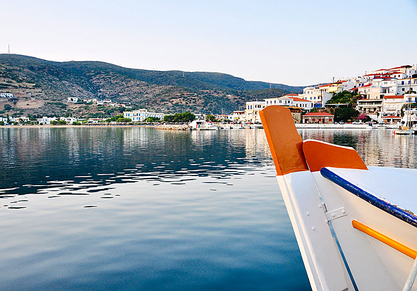 Fishing boats in the fishing harbor in Batsi bring fresh fish and seafood.
