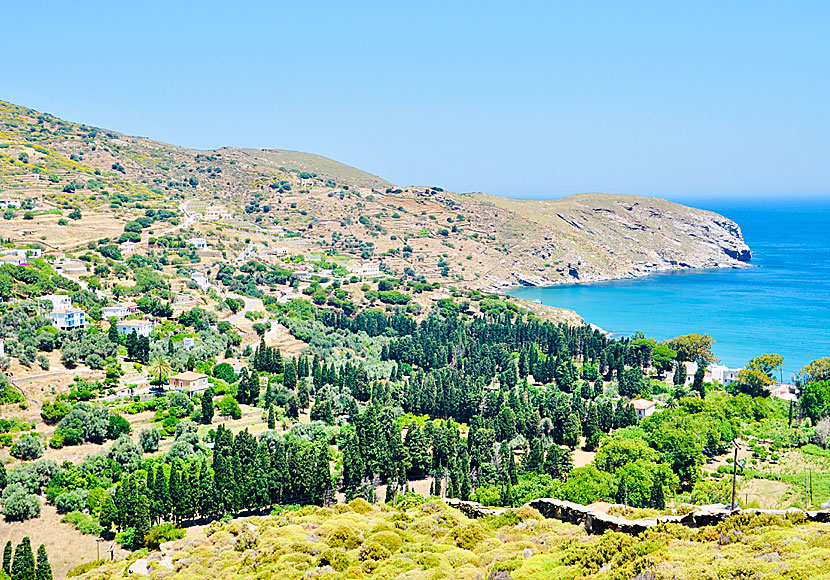 The village of Gialia and Gialia beach which is located on the coast below the village of Stenies.